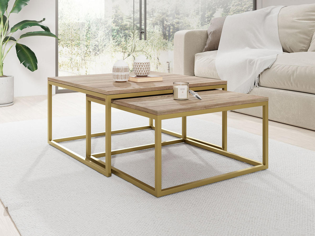 COUCHTISCHE Vella Gold 2er-Set quadratisch, Sonoma Eiche 76/76/39cm + 66/66/34 cm - Goldfarben/Braun, Holzwerkstoff/Metall (76/76/39cm) - WFL GROUP