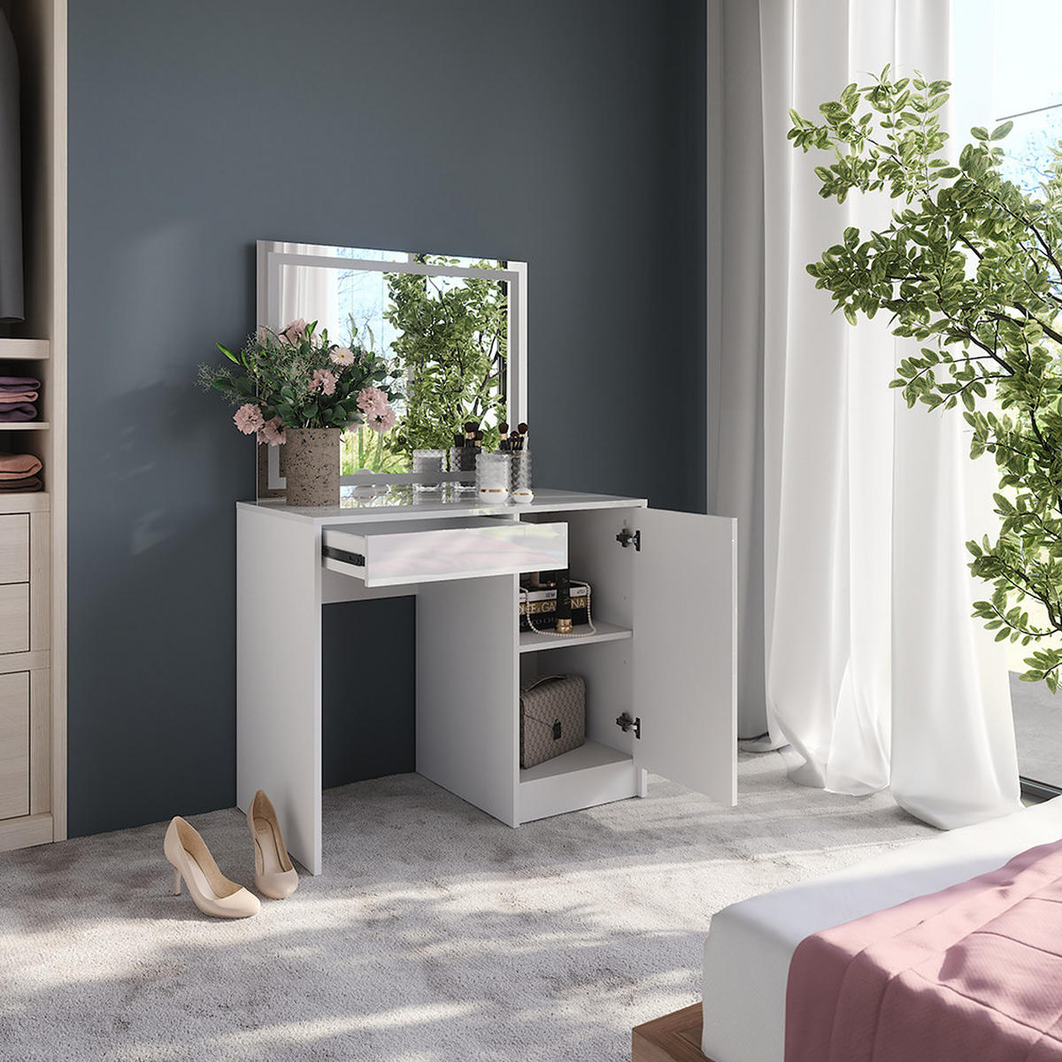 SCHMINKTISCH Sherry Weiß/Weiß Hochglanz 89.8 cm mit LED-Spiegel - Weiß Hochglanz, Holzwerkstoff (89.8/76/50.1cm) - Vicco