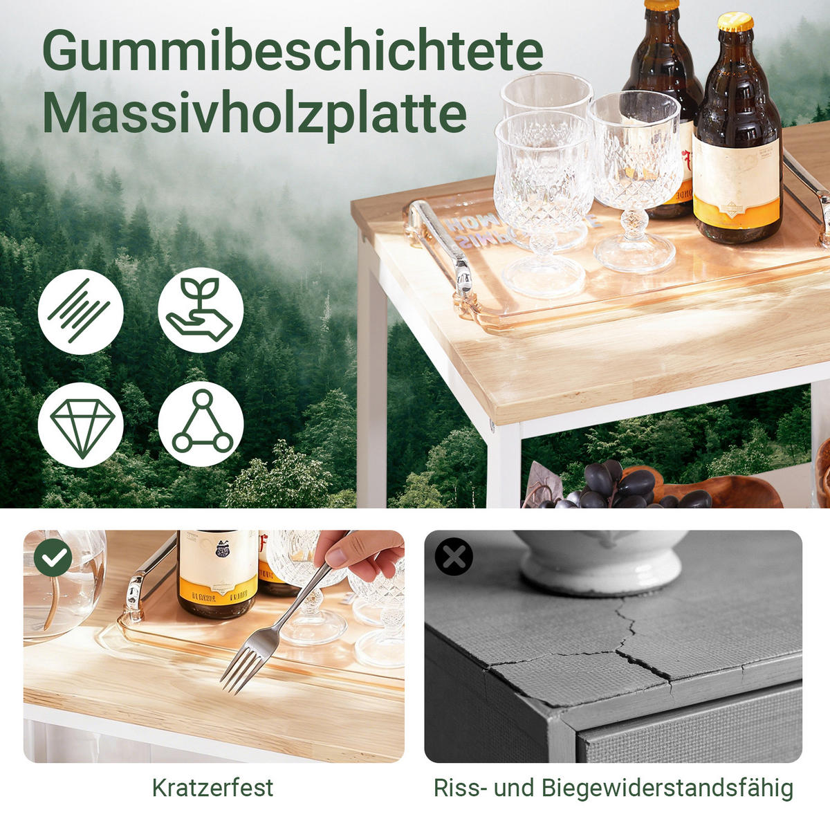 KÜCHENWAGEN mit Bremsrollen und Griffmulde, 89 x 53 x 37 cm, 2 Schubladen, 3 Ablagen, für Küche und Haushalt, Weiß - Weiß, Holz/Holzwerkstoff (53/89/37cm) - SoBuy