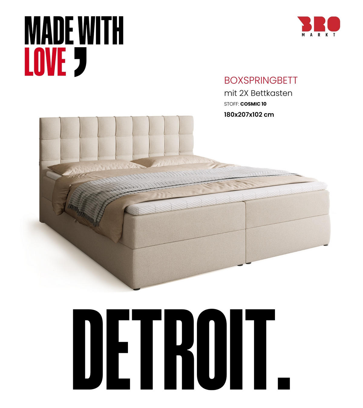BOXBETT Detroit mit Topper 180/200 Ecru - Ecru, Holzwerkstoff/Textil (180/200cm) - Bromarkt