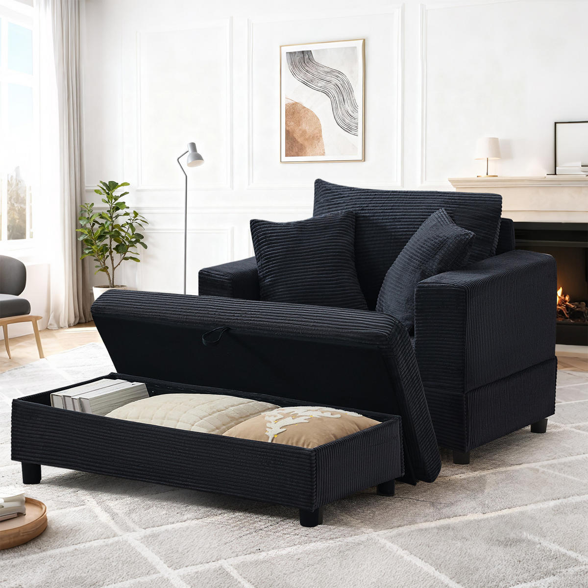 SOFA Cord Schwarz mit Stauraum und mit Kissen - Schwarz, Holzwerkstoff/Kunststoff (137.5/89/81cm) - WISHDOR