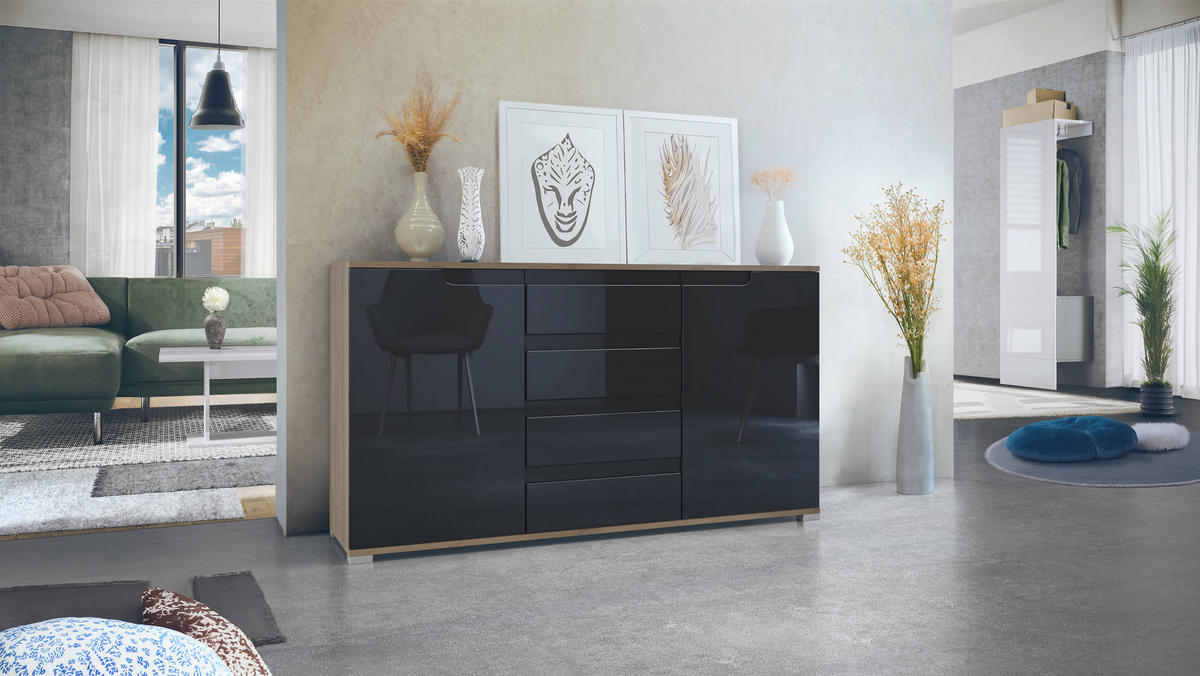 SIDEBOARD Sylt Schwarz Hochglanz - Schwarz Hochglanz, Holzwerkstoff (138.5/75.5/35cm) - Vladon