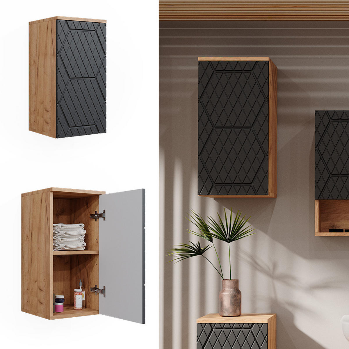 BADSCHRANK Irma Anthrazit gestreift 30 x 59 cm 2 Fächer, Badezimmer - Hellbraun/Dunkelgrau, Holzwerkstoff (30/59/24cm) - Vicco