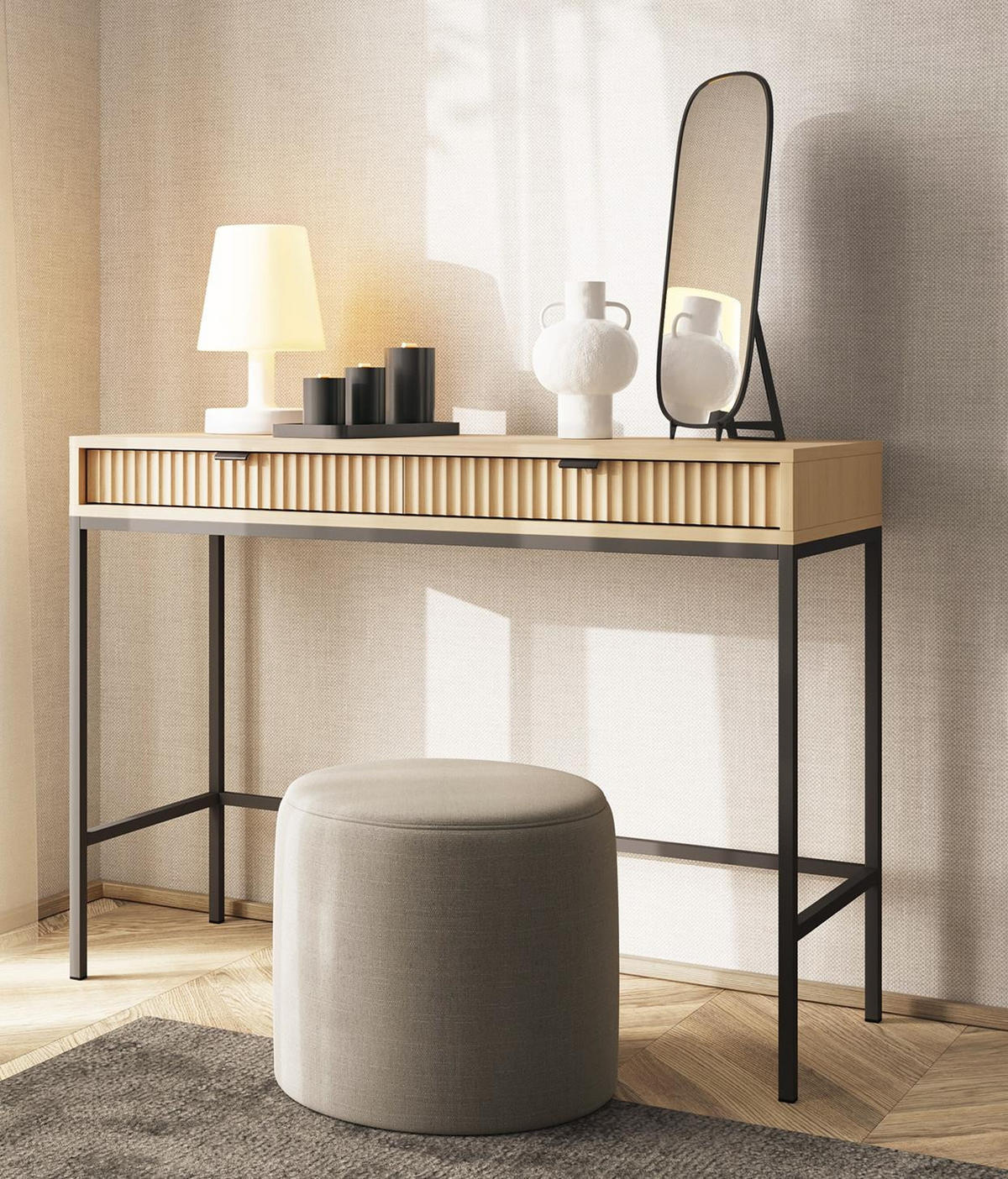 SCHMINKTISCH Konsolentisch NOVA Vicenza Eiche geriffelt Metallgestell schwarz 104 cm - Braun, Holzwerkstoff (78/104/50cm) - Bettso