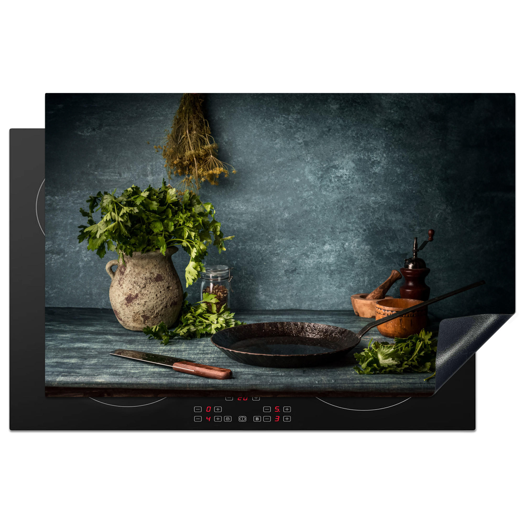MuchoWow KRYT NA INDUKČNÍ DESKU Bylinky - Koření - Pánev - Nůž - Šedý - Rustikální 81.6x52.7 cm