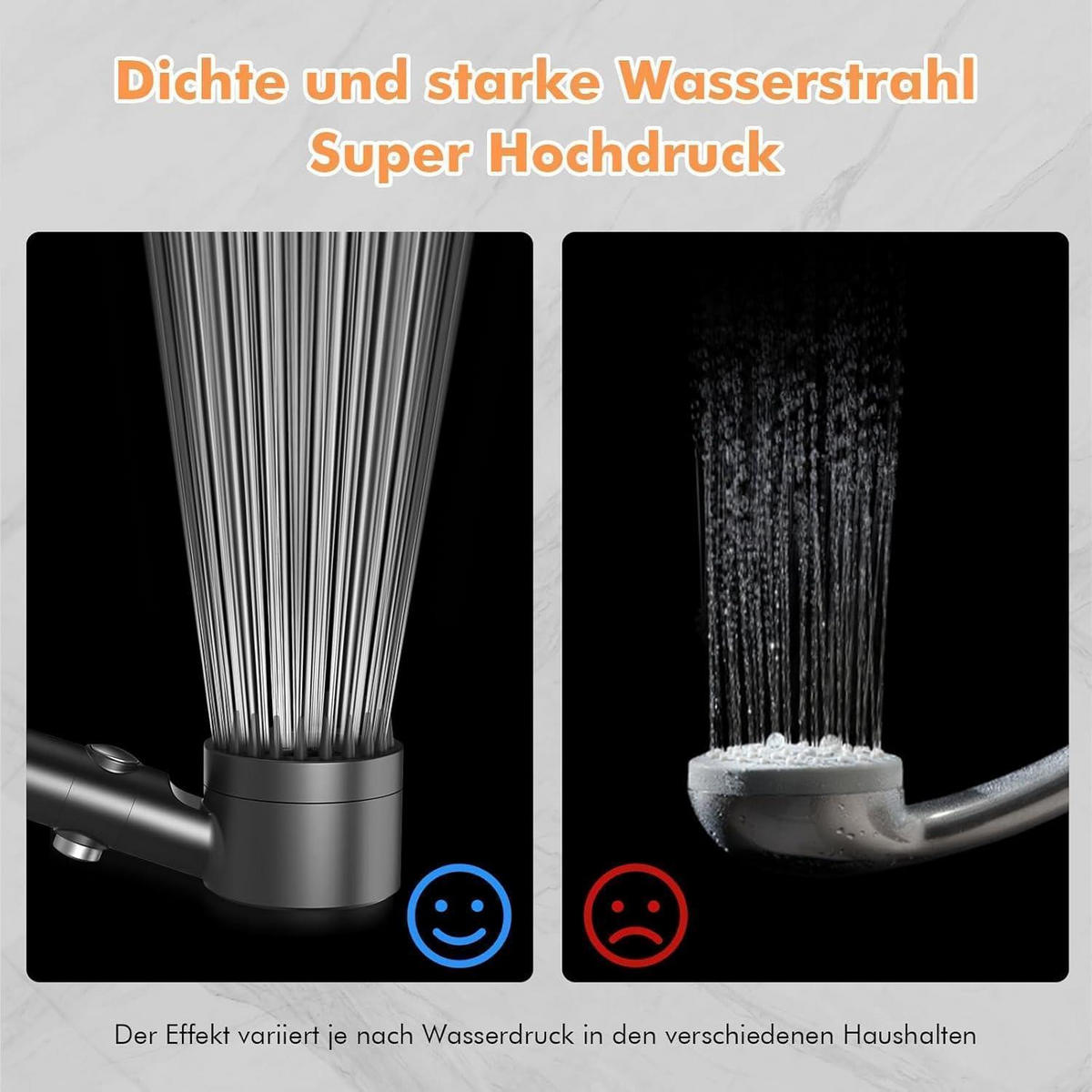 HANDBRAUSE mit 15-Schicht-Filter und 3+1 Strahlarten, 1,5 m Schlauch, Grau - Grau, Kunststoff (9/12.7/27cm)