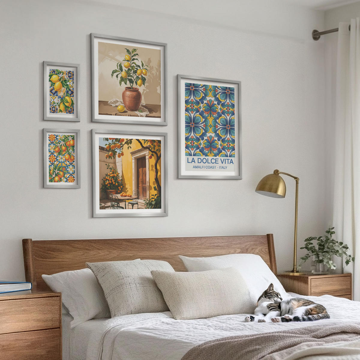WANDBILDER 5er Set - 50x50 cm & 20x30 cm & 40x60 cm Silberner Rahmen - Zitronen, Blumen, Orangen, Italien - Silberfarben, Kunststoff (40/60cm) - ArtPrintCave