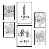 POSTER Set Mit 6 Drucke Von Uk Von Karten In Schwarz Weiß A3 & A4 Schwarzer Rahmen - Schwarz, Papier (29/3cm) - Nacnic