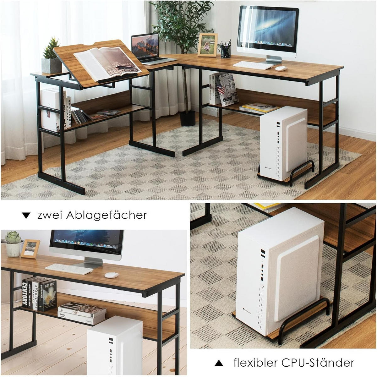 COMPUTERTISCH Walnuss - Walnussfarben, Holzwerkstoff (150/170/75cm) - COSTWAY