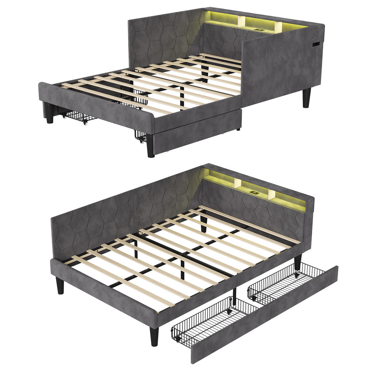 POLSTERBETT 140x200 cm Tagesbett mit 2 Schubladen, LED & USB, Doppelbett mit Kopfteil Stauraum, Grau - Grau, Metall (140/200cm) - EuroLiving