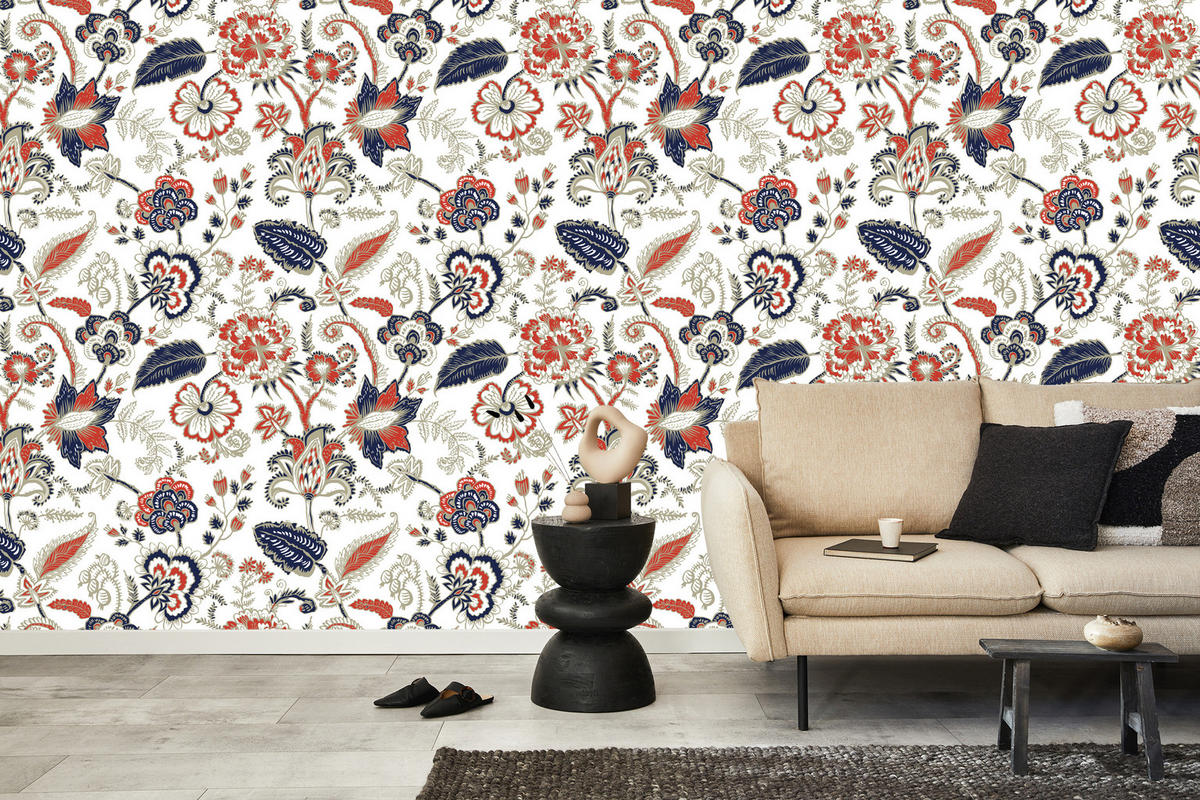 VLIESTAPETE Florales Folkloremuster – Rot, Blau, Grün, Weiß – 50x1000 cm - Blau/Rot, Papier (50/1000cm) - Muralo