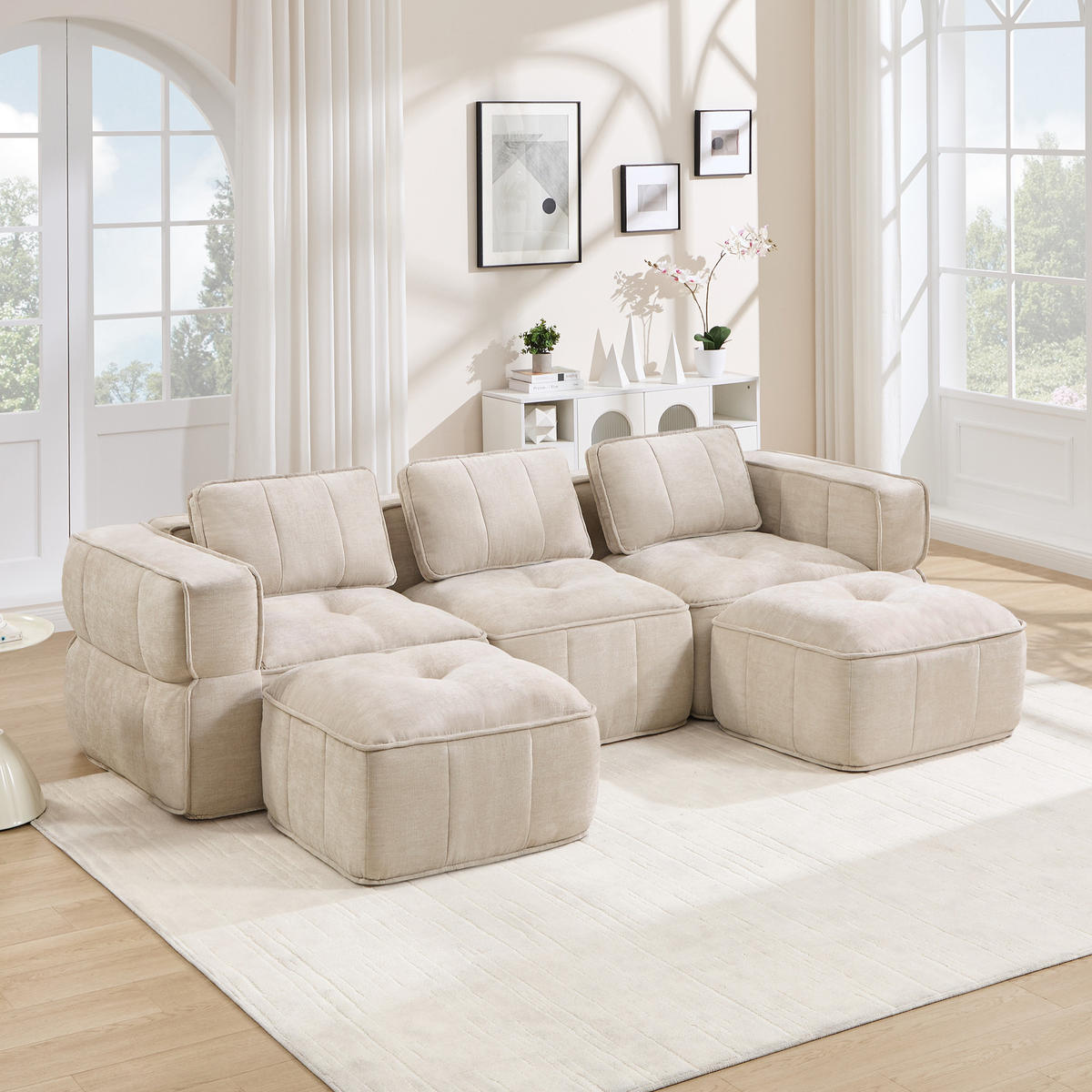 WOHNLANDSCHAFT DE-34428 U-Form mit 2 Hockern Beige - Beige, Textil (162/67/271cm) - ComfortXL