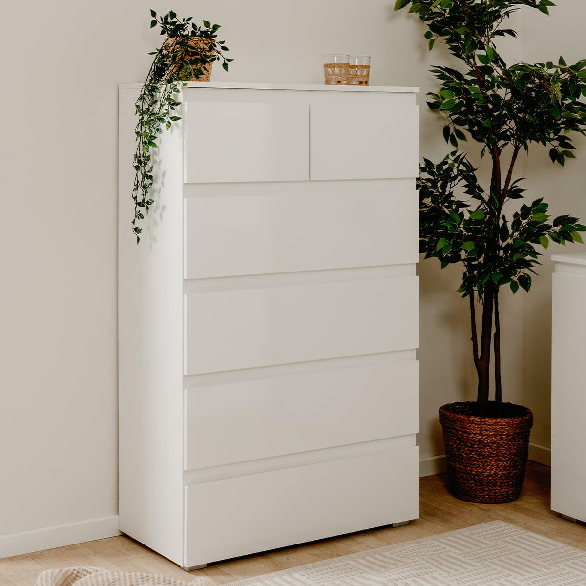 HOHE Kommode mit 6 Schubladen L80 x H131cm - Pretoria - Weiß, Holzwerkstoff (40/131.5/80cm) - Calicosy