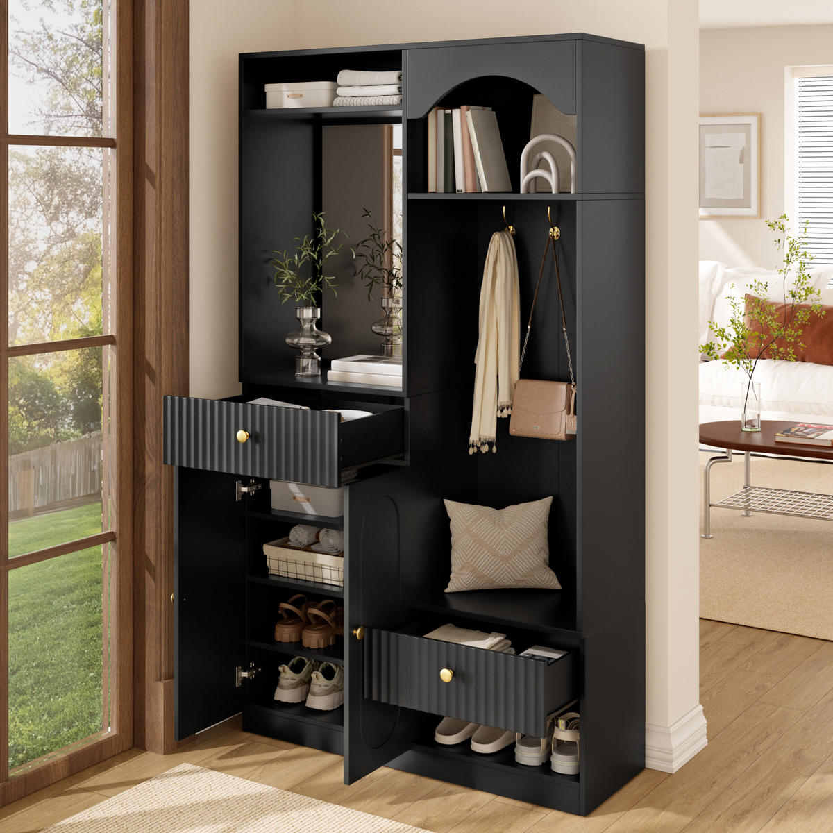 KOMPAKTGARDEROBE Spiegel Sitzbank Schuhschrank Haken LED - Schwarz, Holzwerkstoff (100/180/35cm) - FLIEKS