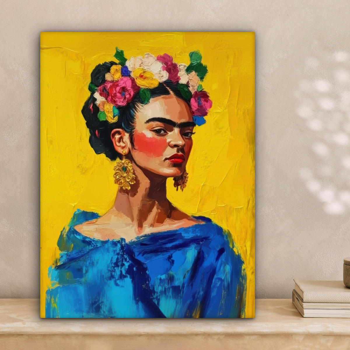 LEINWANDBILD Frida Kahlo - Frau - Gelb - Blau - Blumen 30x40 cm - Gelb, Textil (30/40cm) - MuchoWow