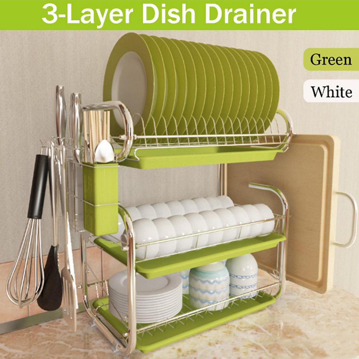 ABTROPFGESTELL Eisen grün dreistöckig Tellerständer 9-förmiger multifunktionaler Aufbewahrungsständer Schneidebrett 40/25/44 cm - Grün, Metall (40/44/25cm) - Livingandhome