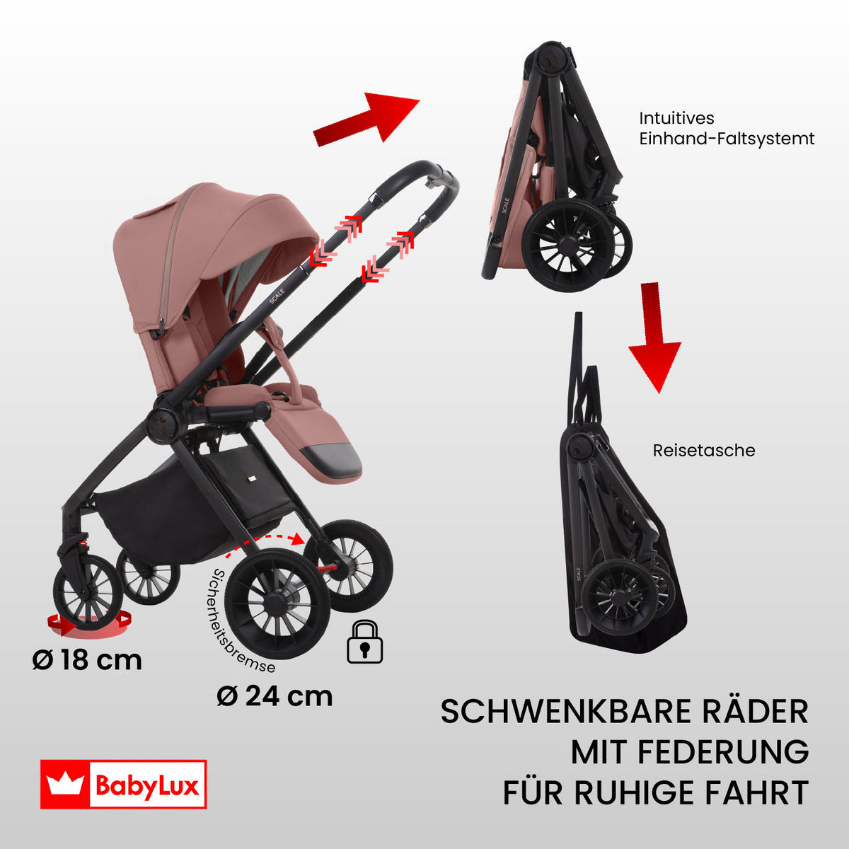 BUGGY Scale, Klein und Leicht, Teleskopische Führung, Kompakt Faltbar, Wickeltasche, Reisetasche - Schwarz/Rosa, Textil/Metall (58/100cm) - BabyLux