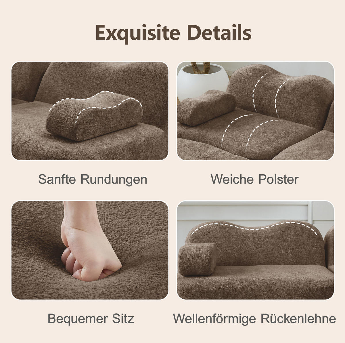 2-SITZER Sofa aus Samt Braun modular mit 2 Hockern, rahmenloses Design und beweglichem Armlehnenkissen - Braun, Textil (192/70/167cm) - Modfu