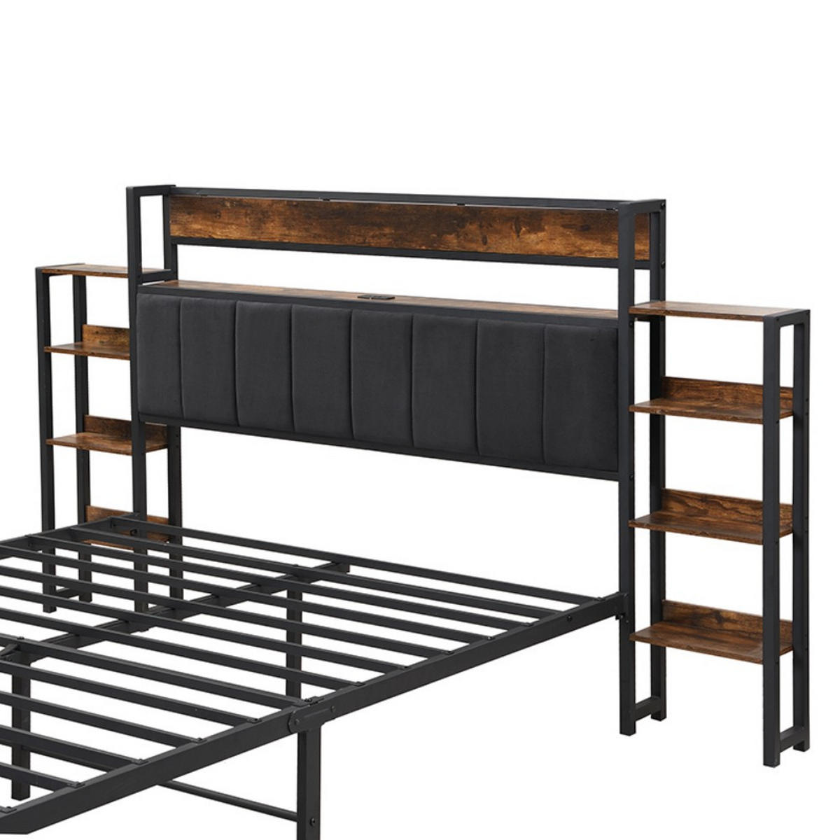METALLBETT 140x200cm in Schwarz + Walnus，Kopfteil mit Regal - Schwarz, Metall (140/200cm) - KOMHTOM