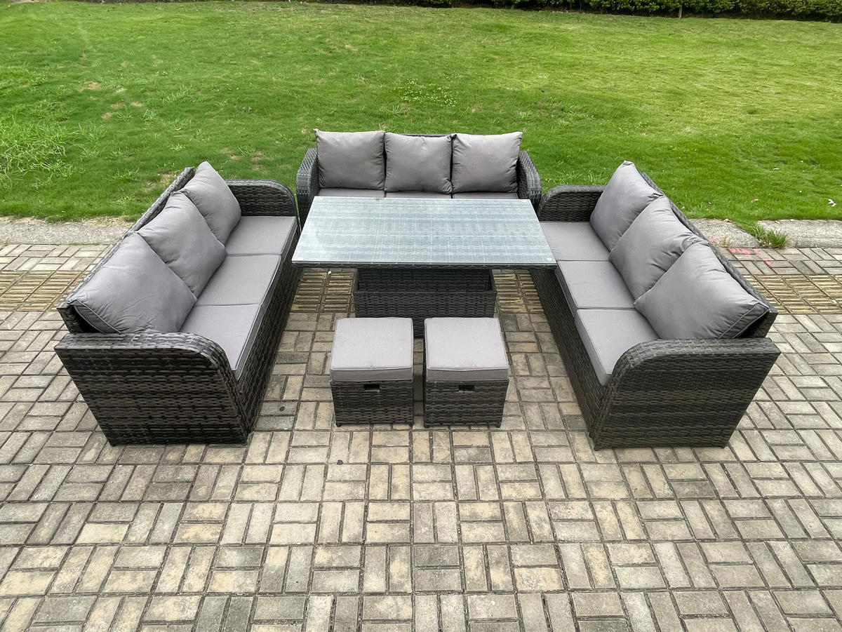 GARTENSOFA SET Polyrattan 11-Sitzer - Dunkelgrau/Grau, Glas/Kunststoff - Fimous