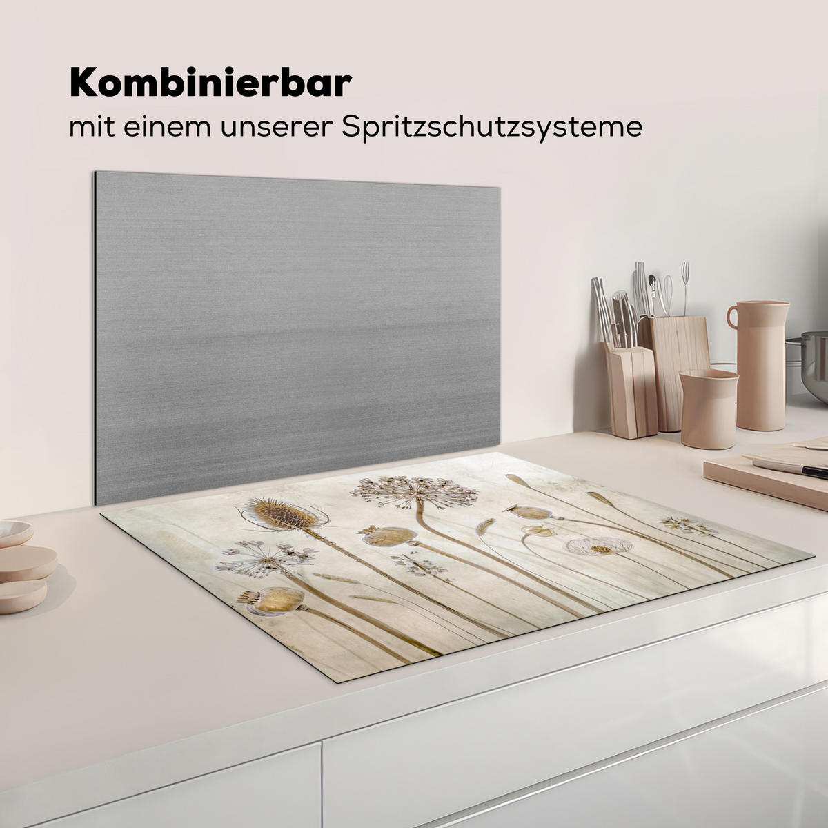 KRYT NA INDUKČNÍ DESKU Květiny - Akvarel - Zátiší - Hnědá - Vintage 77x59 cm - písková barva, plast (77/59/0.2cm) - MuchoWow