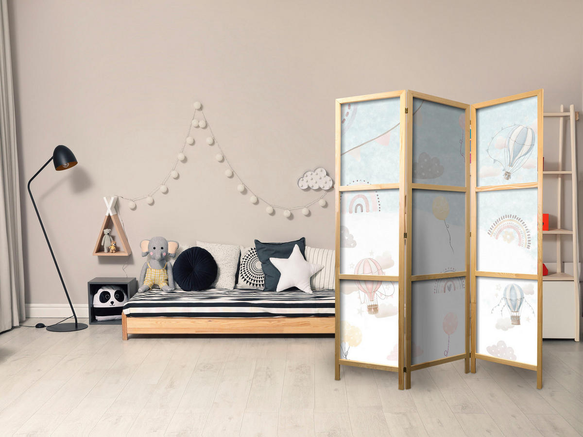 PARAVENT Japanischer 3-tlg 135x172 cm Ballons und Wolken - Weiß, Holz/Textil (135/172/3cm) - Muralo