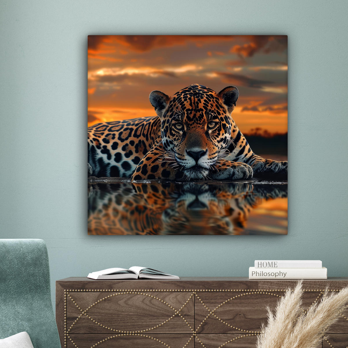 LEINWANDBILD Natur - Leopard - Tier - Sonnenuntergang - Modern Deko Groß 90x90 cm - Orange, Textil (90/90cm) - MuchoWow