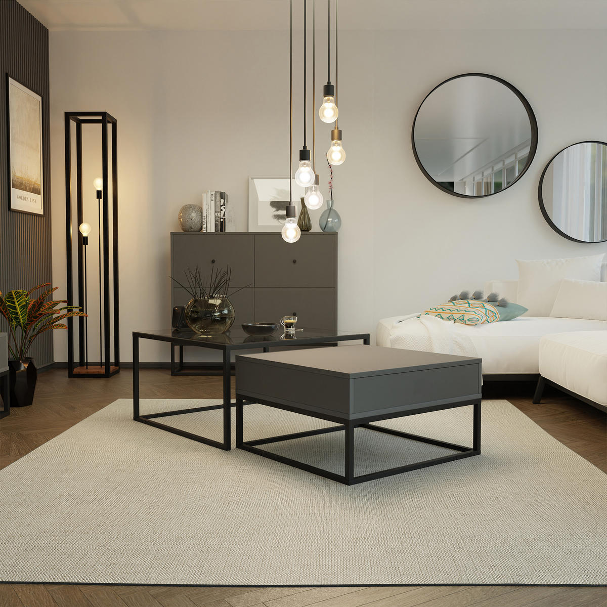 COUCHTISCH quadratisch Grau, MDF/Glas Tischplatte, Rahmen Schwarz - Schwarz/Grau, Holzwerkstoff (70/70/42cm) - Idohome
