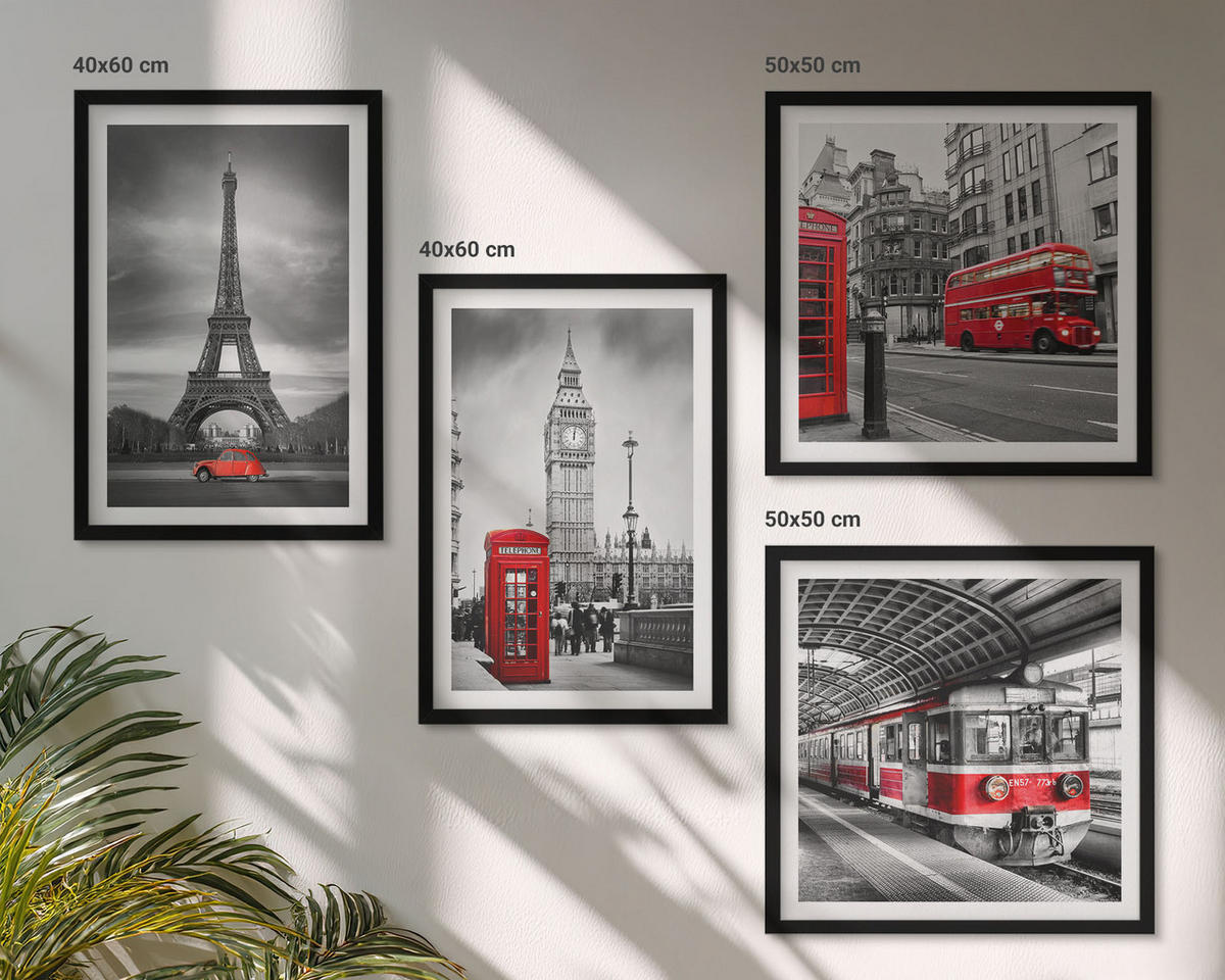 WANDBILDER 4er-Set - 50x50 cm & 40x60 cm Schwarzer Rahmen - Rote Busse in der Stadt - Schwarz, Kunststoff (50/50cm) - ArtPrintCave