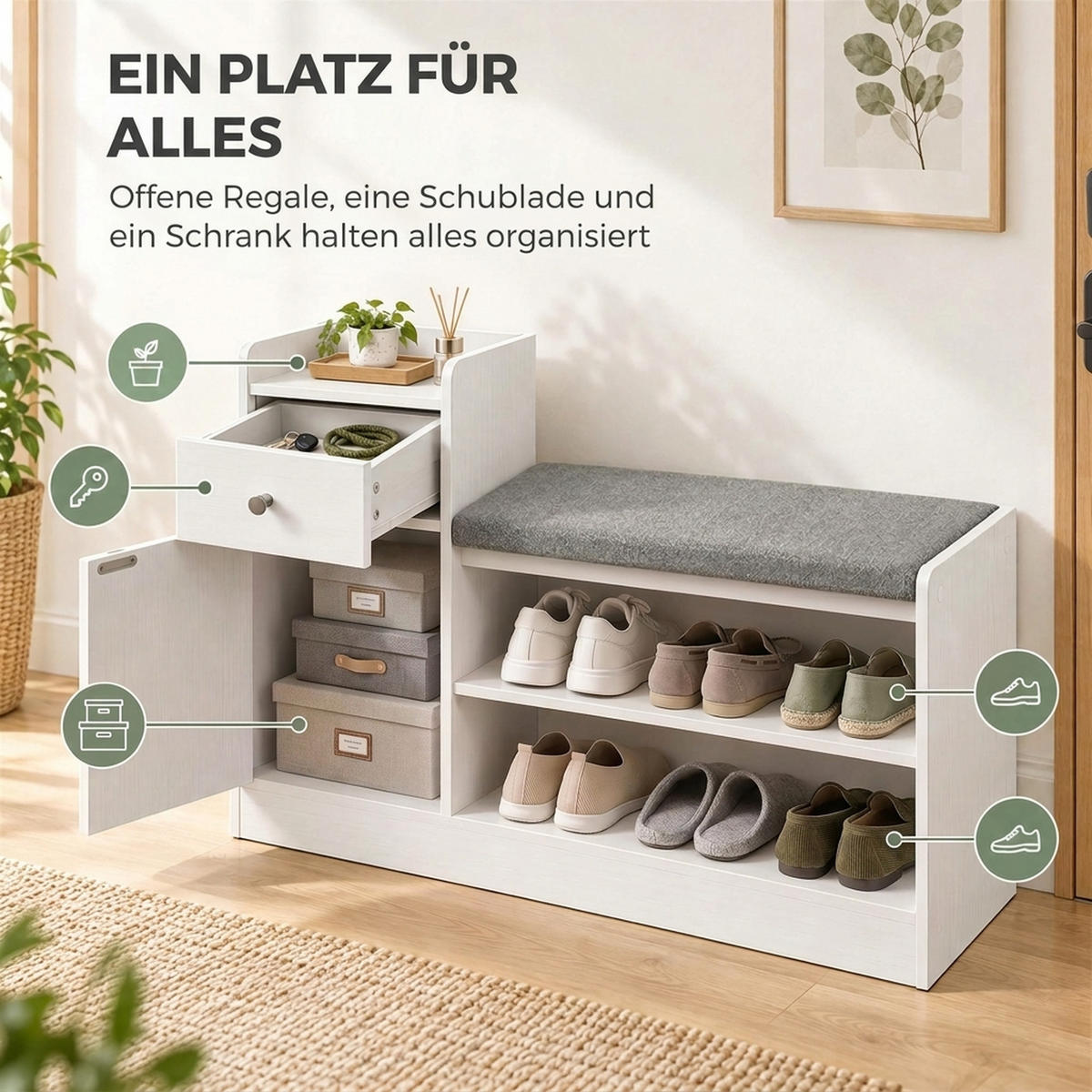 SCHUHBANK Polyester Spanplatte Weiß - Weiß/Grau, Holzwerkstoff/Textil (29.8/67.8/90cm) - HOMCOM