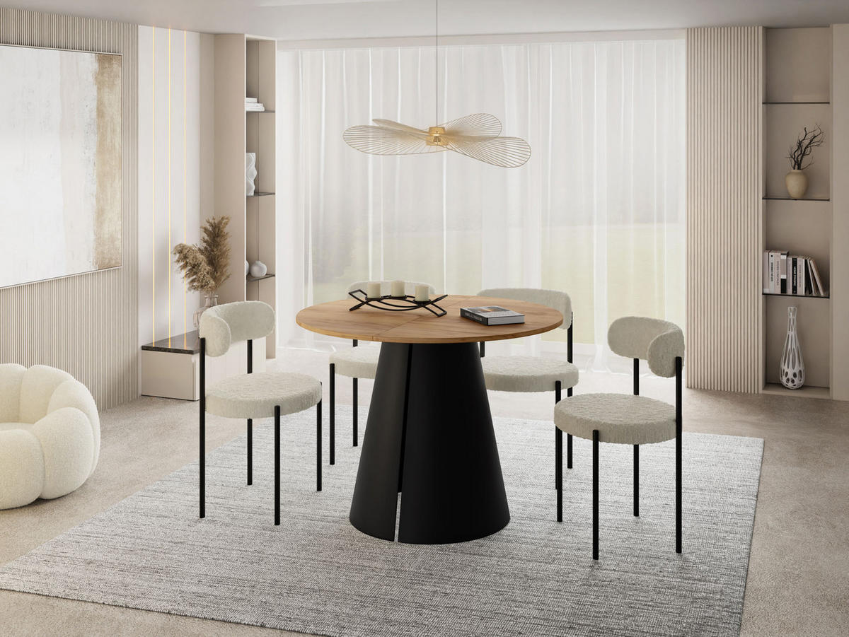 ESSTISCH Lamio runder ausziehbarer, Eiche Hell Braun 120-200/120/76 cm - Eiche Wotan/Schwarz, Holzwerkstoff/Metall (120/120/76cm) - WFL GROUP