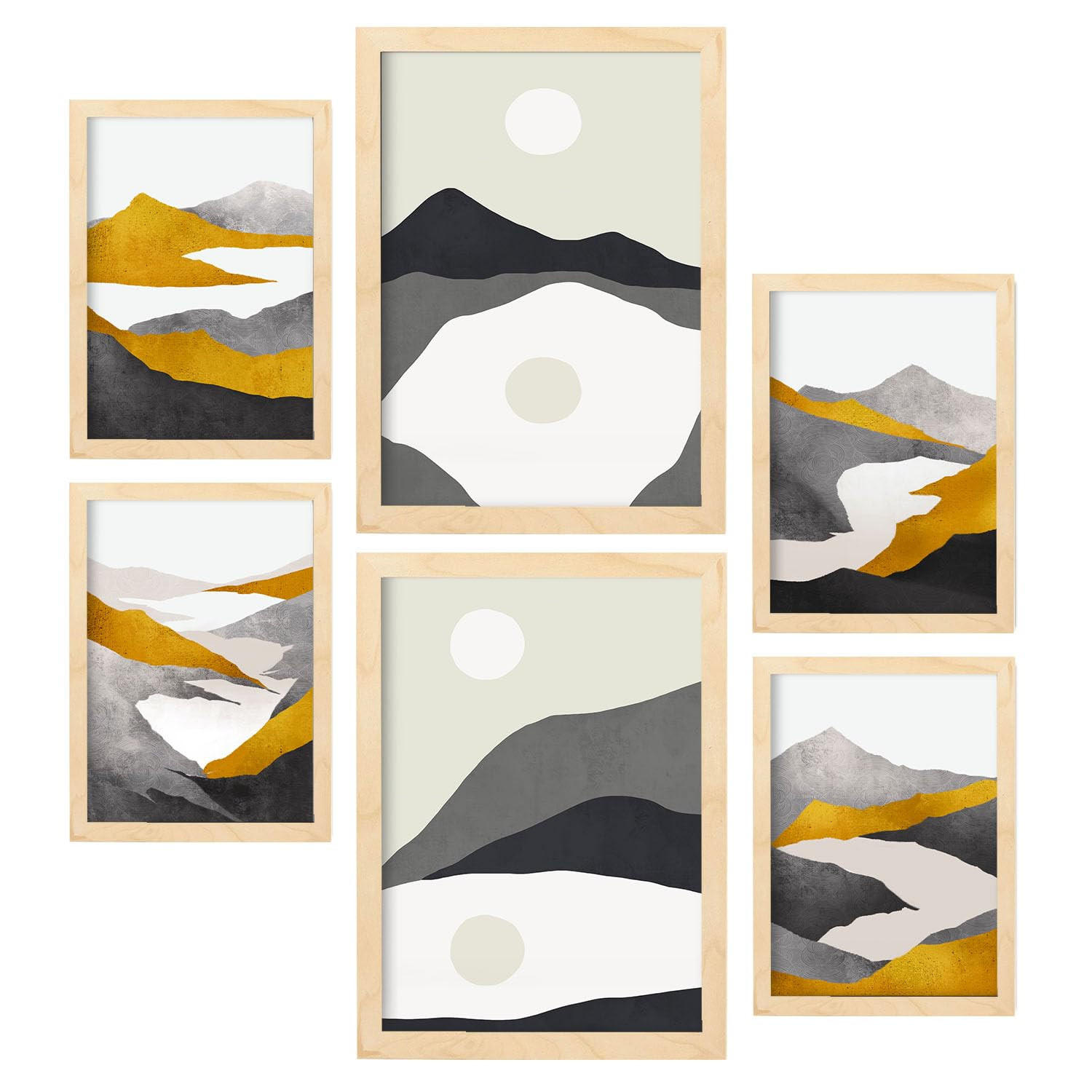 POSTER Set Mit 6 Bergrahmen In Kulissen Abstracts Ästhetische Dekorative Gemälde Für Ihr Wohnzimmer Zuhause A3 & A4 Rahmen Aus Hellem Holz - Beige, Papier (29/3cm) - Nacnic