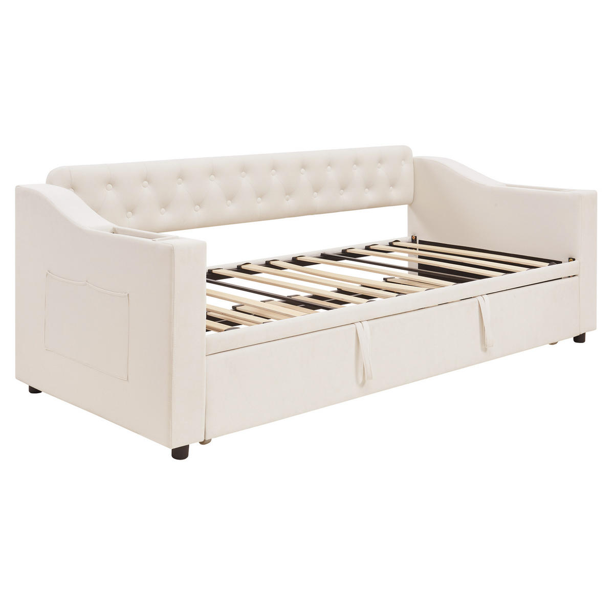 BETT 90/190 cm ausziehbar auf 180/190 cm mit USB und Lattenrost - Beige, Textil (90/180cm) - BEAOK