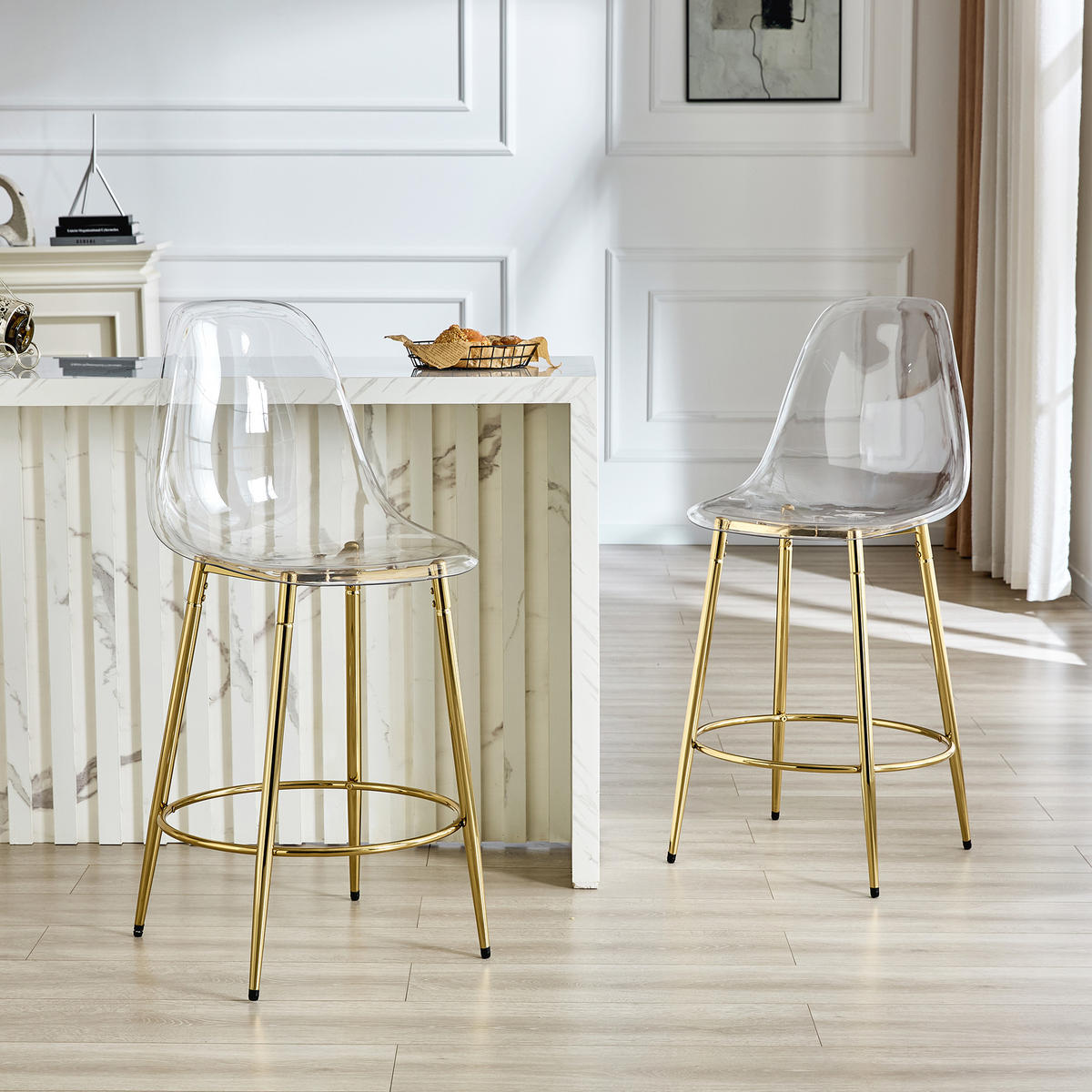 BARHOCKER 2er-Set Transparent und Gold mit Rückenlehne und Fußring - Goldfarben, Metall (48.5/102/48.5cm) - PANGIVO