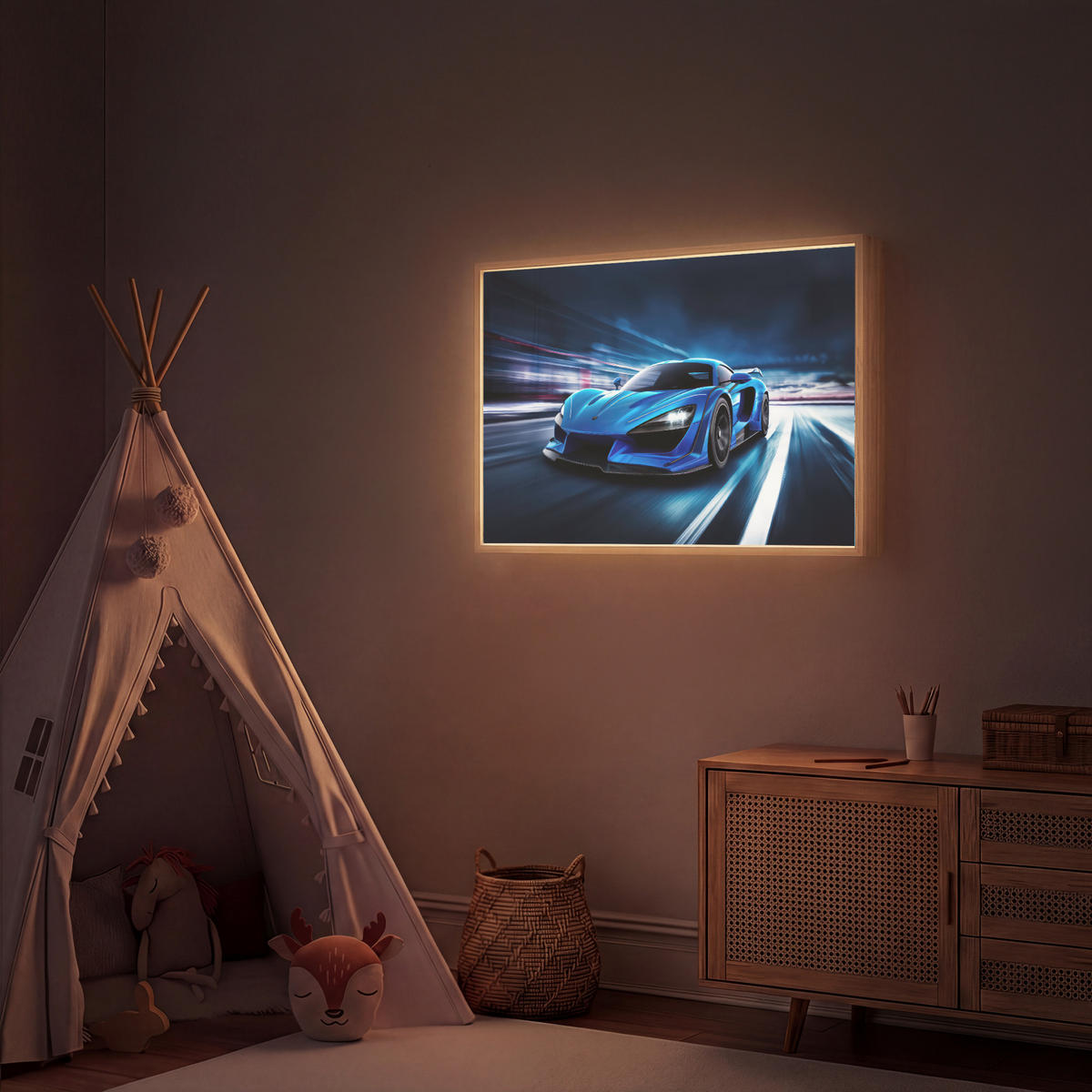 DOBÍJECÍ NOČNÍ LAMPIČKA Auto - Modrá - Chlapci - Dítě 90x60 cm - modrá, kompozitní dřevo (8/90/60cm) - OnlyWow