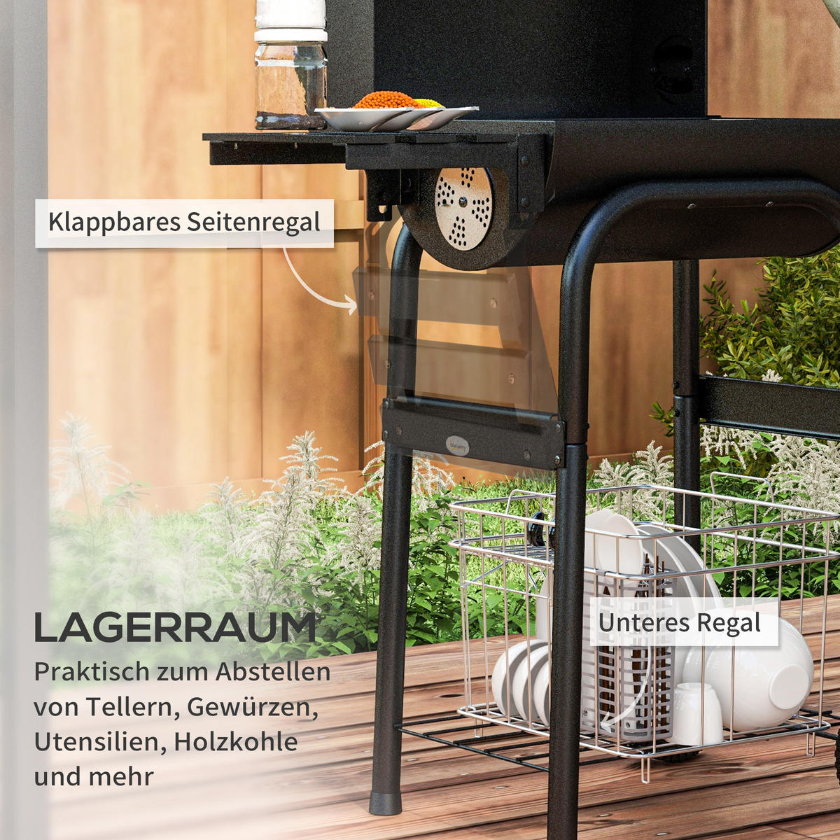 HOLZKOHLEGRILL - Schwarz, Metall (46.5/115/83cm) - Outsunny