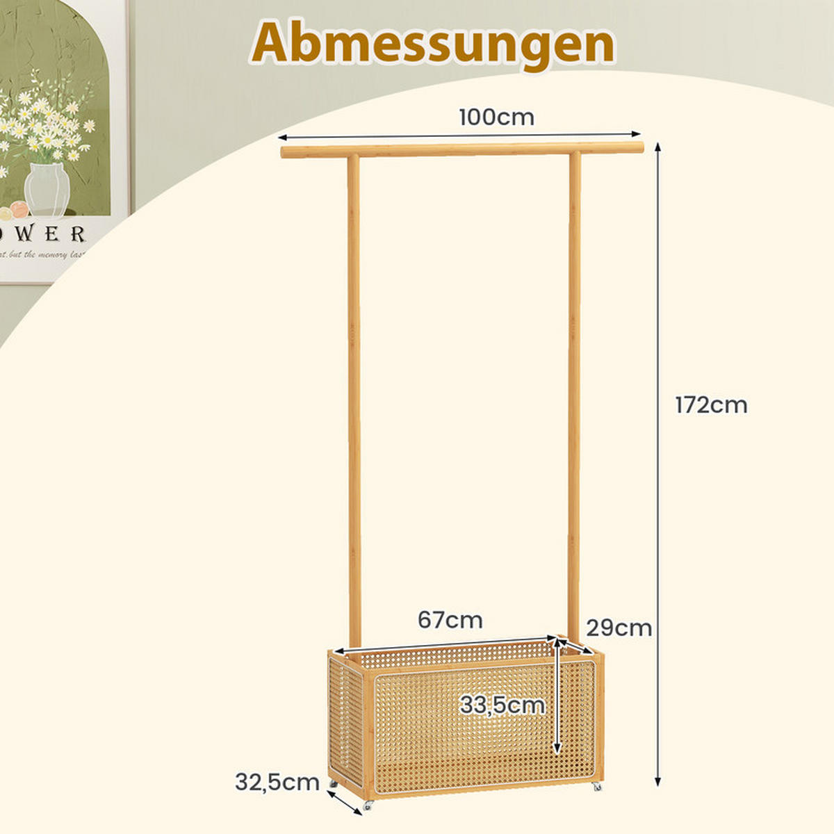 GARDEROBENSTÄNDER mit PE-Rattan-Aufbewahrungskorb natur - Naturfarben, Naturmaterialen (100/172/32.5cm) - COSTWAY