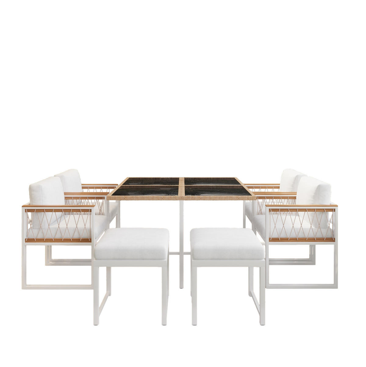 GARTENMÖBELSET 7-tlg. mit Tisch, 4 Sesseln und 2 Hockern 117 x 117 cm Natur/Weiß - Weiß, Metall - Beauniv