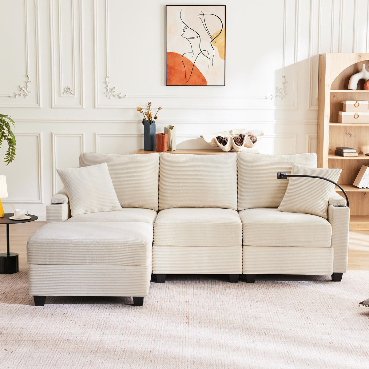 ECKSOFA 213.5/139/87 cm Beige mit Fußhocker, Getränkehalter, USB-Ladegerät und Armlehnenablage - Beige, Textil (213.5/139cm) - Oxeza