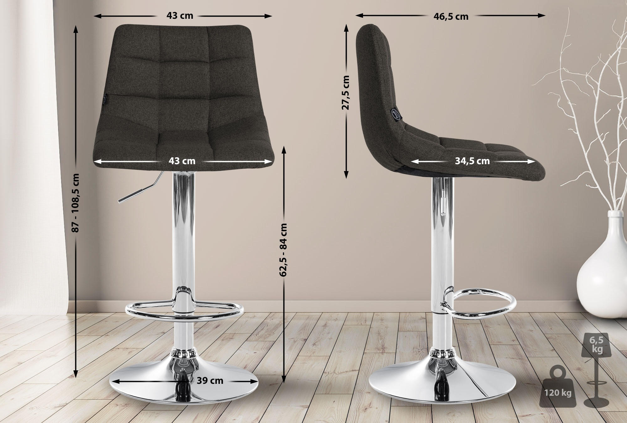 BARHOCKER 2er-Set DUBAI Dunkelgrau Stoff Chrom - Dunkelgrau, Textil/Metall (43/87/46.5cm) - DELUKE