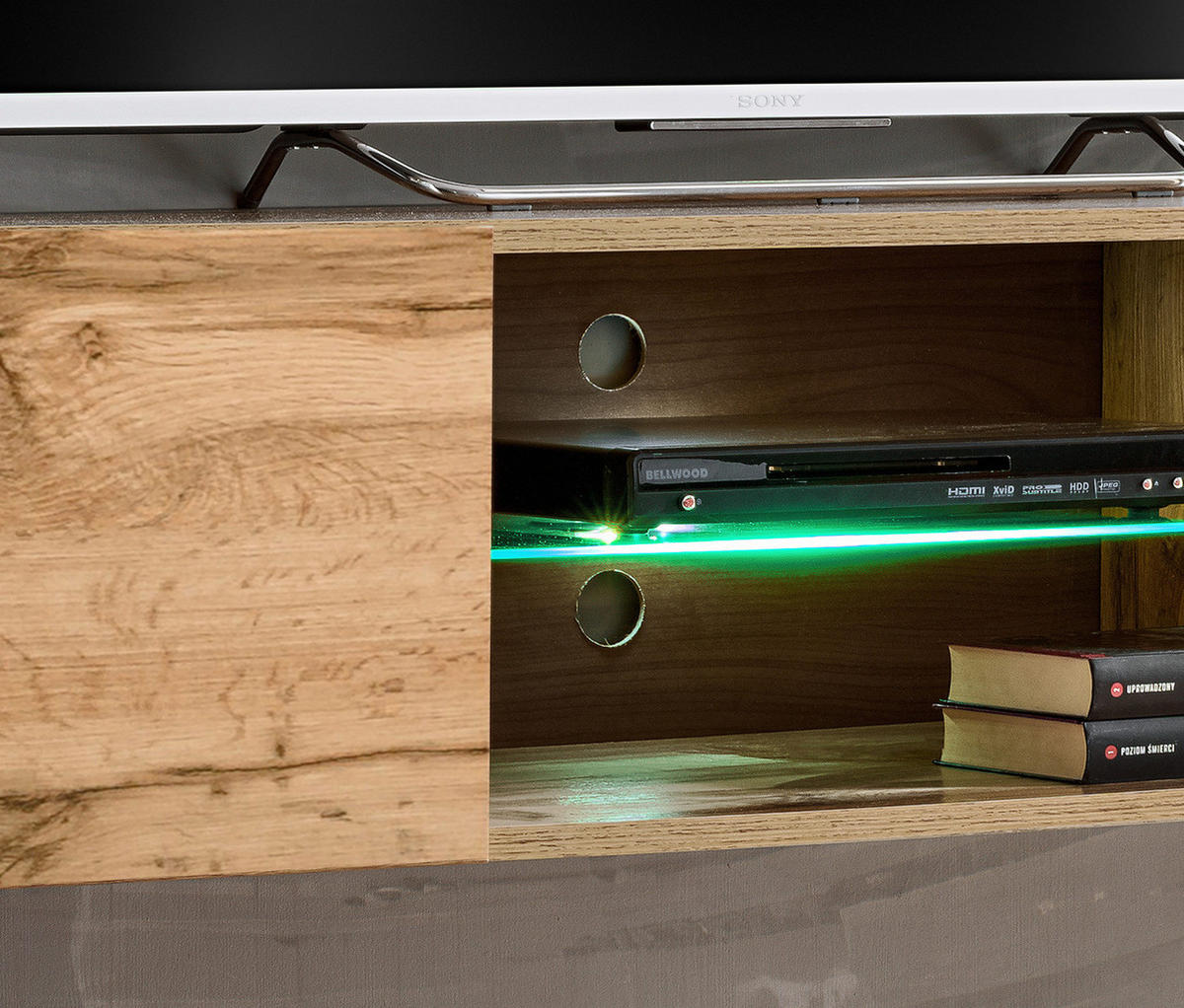 WOHNWAND anthrazit, Eiche Wotan 2-teilig 210 cm hängend, Komplettset mit LED und Push-to-Open - Anthrazit/Eiche Wotan, Glas/Holzwerkstoff (210/160/40cm) - Furn.Design