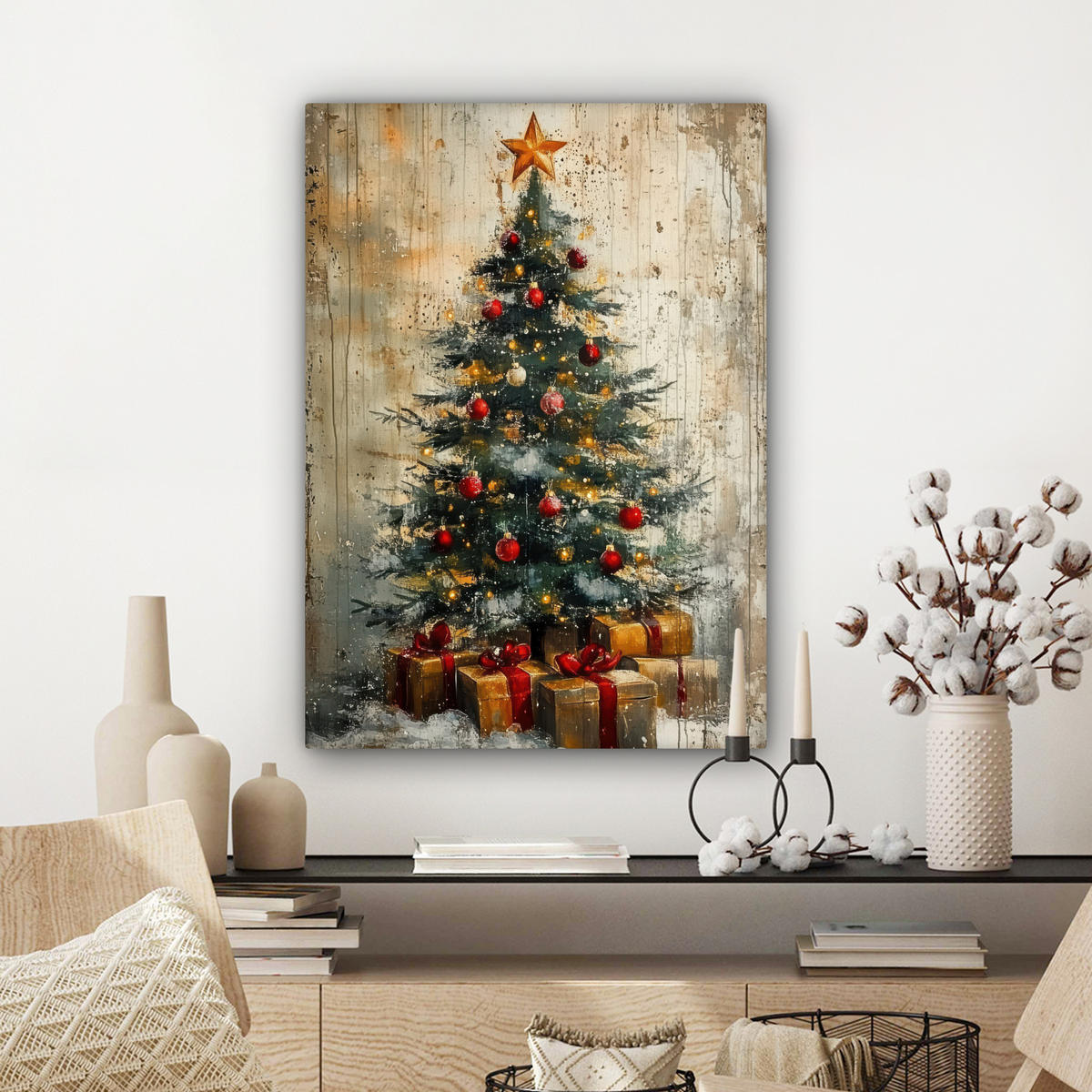 LEINWANDBILD Weihnachtsbaum - Vintage - Weihnachten - Geschenk Wandbild Wohnzimmer 60x80 cm - Rostfarben, Textil (60/80cm) - MuchoWow
