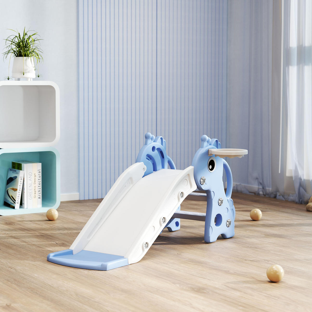 KINDERRUTSCHE DE-17982 3-in-1 mit Basketballkorb & Kletterelement Blau - Blau, Kunststoff (51.5/52/106cm) - ComfortXL