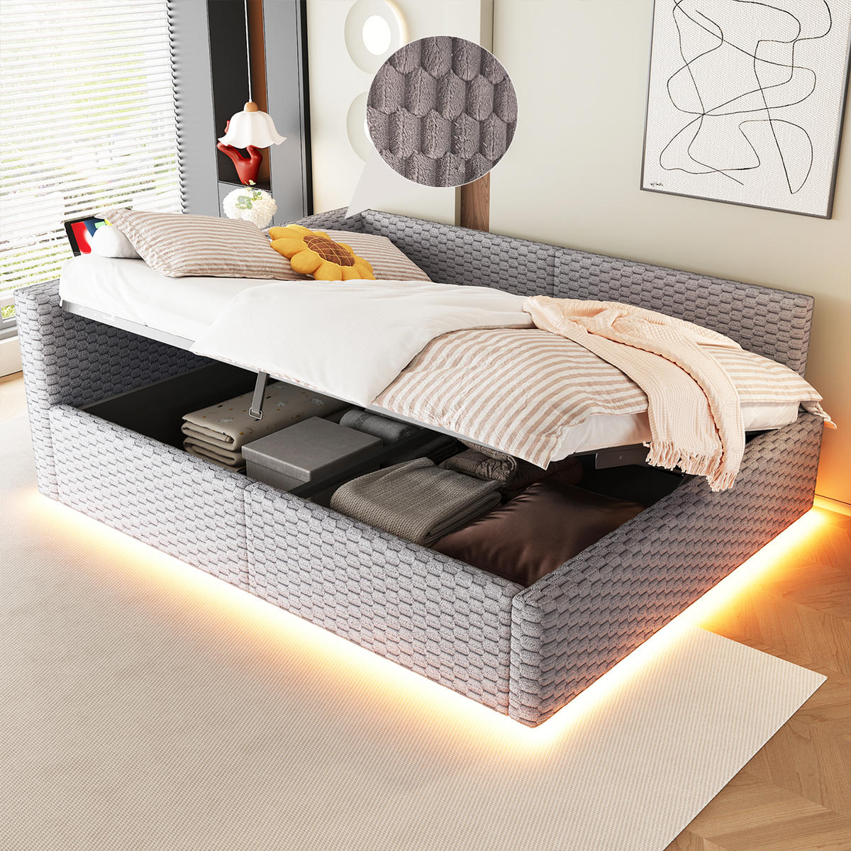 POLSTERBETT 140/200 cm in Grau Samt mit Bettkasten, LED, USB und Type-C - Grau, Holzwerkstoff/Textil (140/200cm) - STILVORA