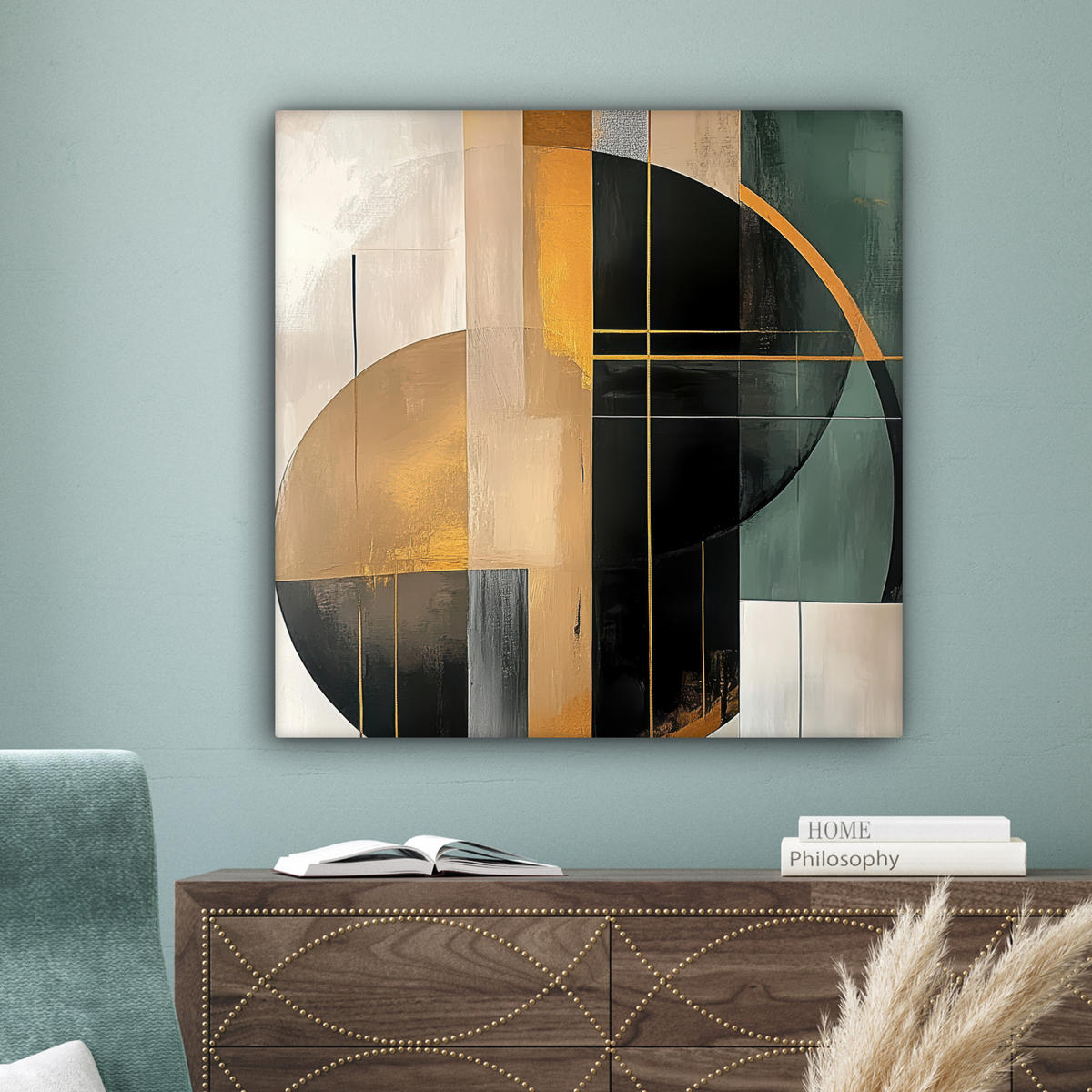 LEINWANDBILD - Abstrakt - Gold - Bronze - Grün - Formen - Modern - 90x90 - Gemälde - Multicolor, Textil (90/90cm) - MuchoWow