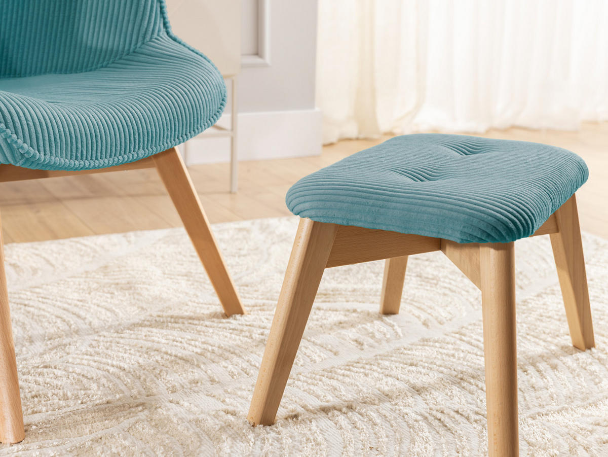LOUNGESESSEL mit Fußhocker Lenari Türkis Cordstoff mit Füßen in Natur - Türkis/Naturfarben, Holz/Textil (71/96/86cm) - S-Style Möbel