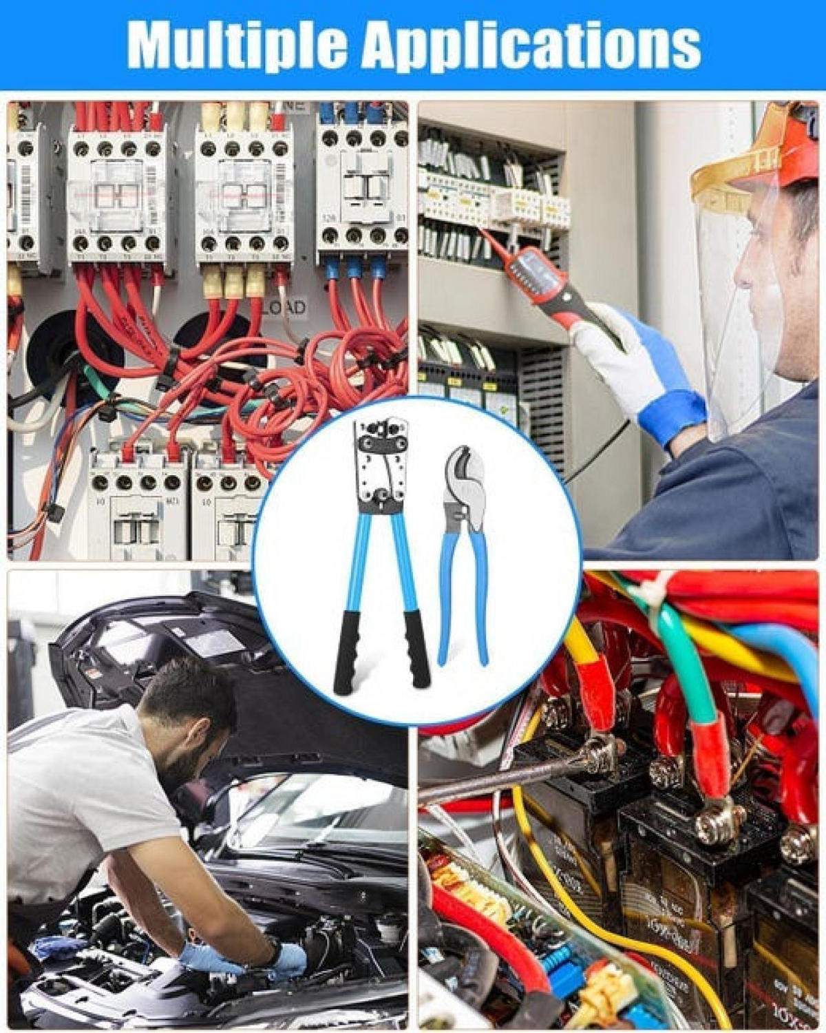 CRIMPZANGE – Für Batteriekabel der Größen 10 bis 1/0 AWG (6/10/16/25/35/50 mm²) – Inklusive Kabelschuhen, Kabelschneider und Schrumpfschläuchen - Schwarz, Metall (39/8/1cm) - DCA
