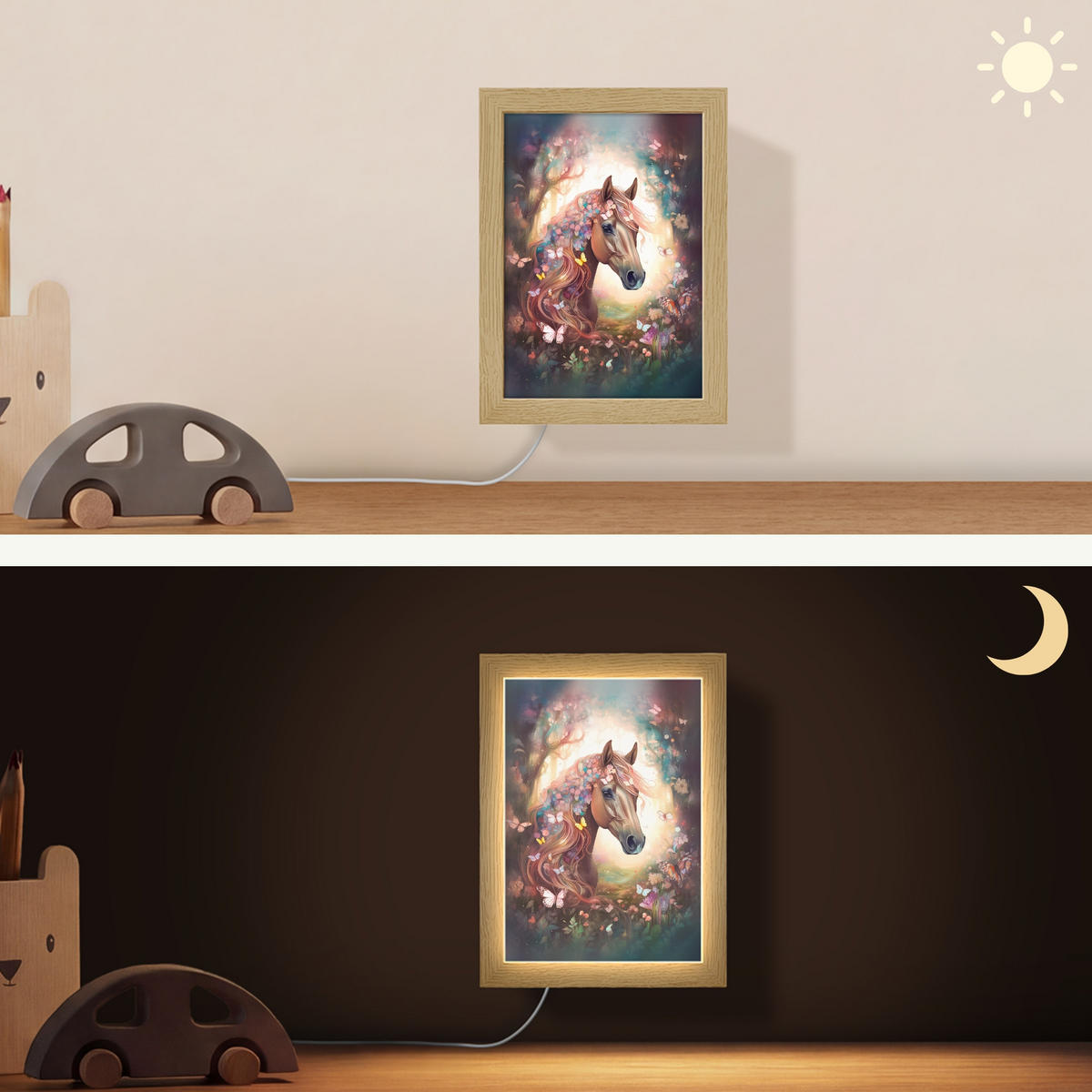 NÁSTĚNNÁ LAMPA Kůň - Příroda - Květiny - Motýli - Les 15x20 cm - tmavě hnědá, kompozitní dřevo (15/20/8cm) - OnlyWow