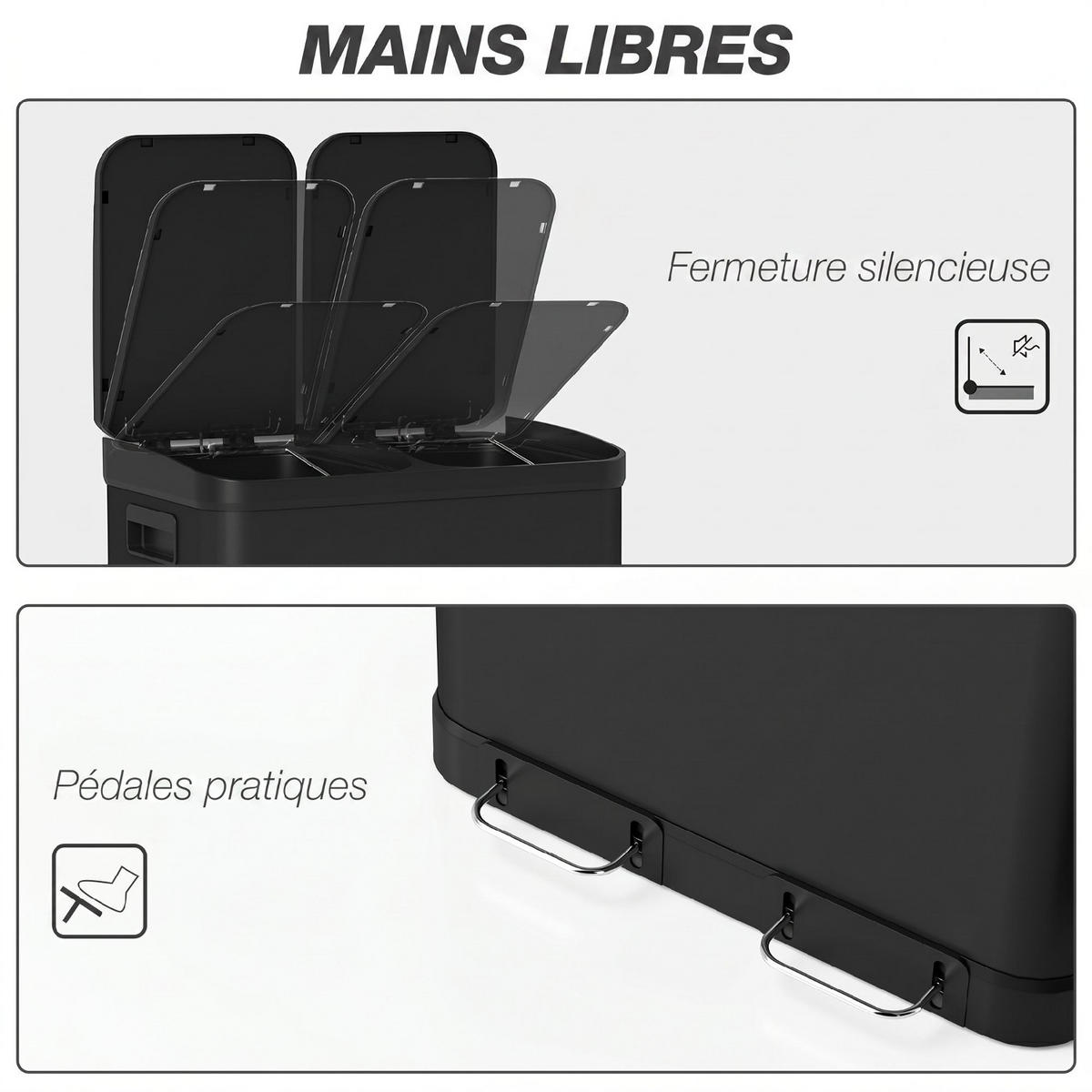 MÜLLTRENNSYSTEM 2X30 LITER 48,8/39,5/67 cm Edelstahl Schwarz Küche - Schwarz, Metall (39.5/67/48.8cm) - Rolipo
