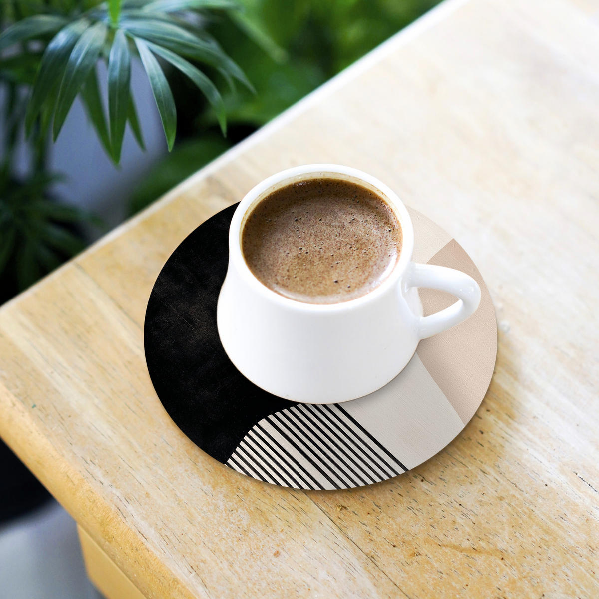 GLASUNTERSETZER 6er-Set Rund Abstrakt - Japandi - Beige - Modern 10x10 cm - Schwarz, Naturmaterialien (10/0.2cm) - MuchoWow
